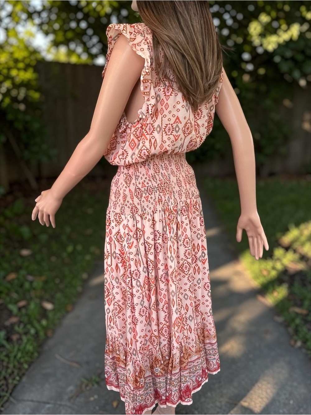 AQUA Boho Smocked Cotton Maxi Dress XL Pink Geometric Flutter Sleeve - Picture 6 of 10